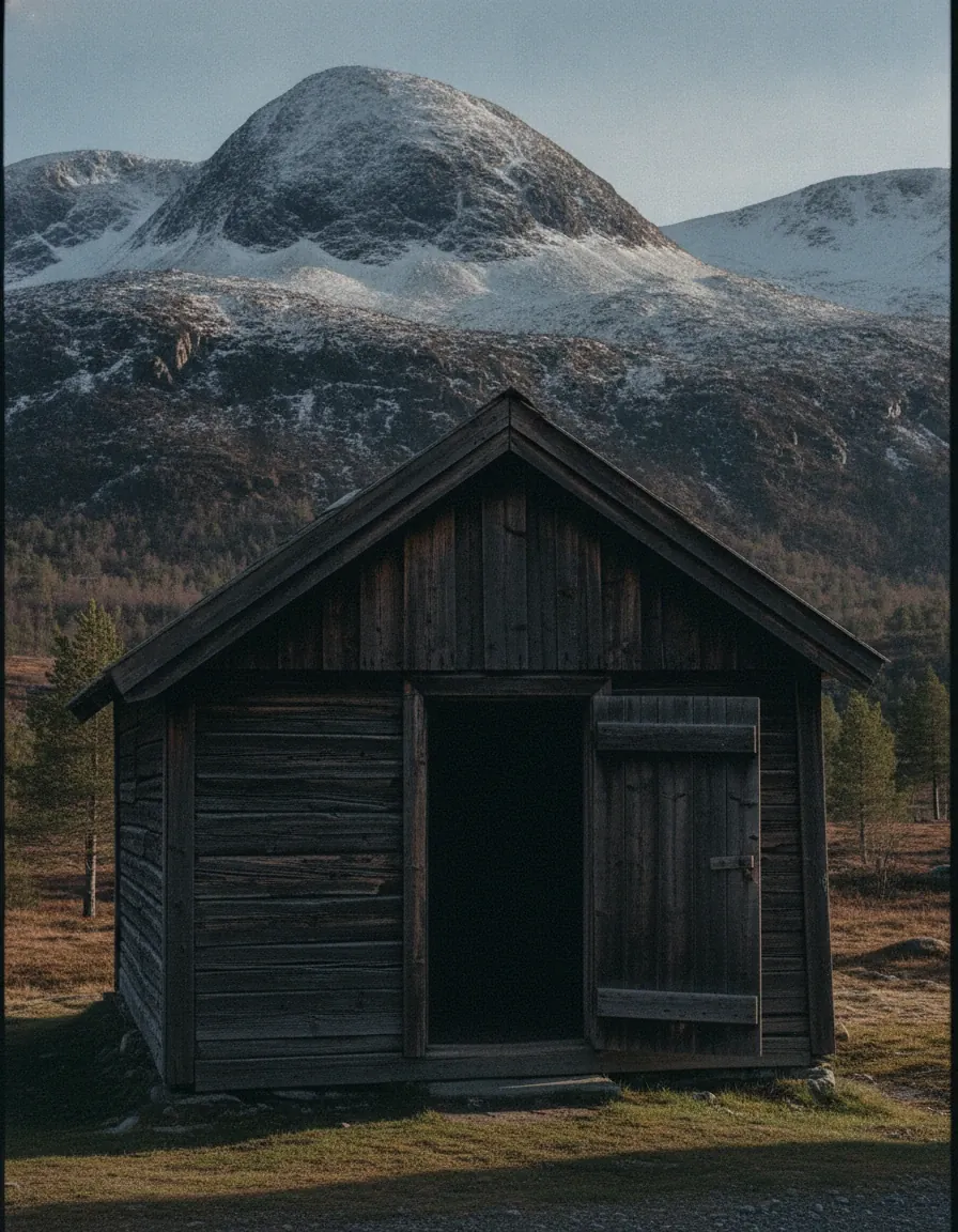 Et gammelt stabbur i tømmer med fjell bak
