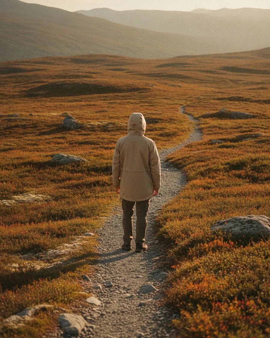 A person wearing the sand anorak in the mountains, seen from behind