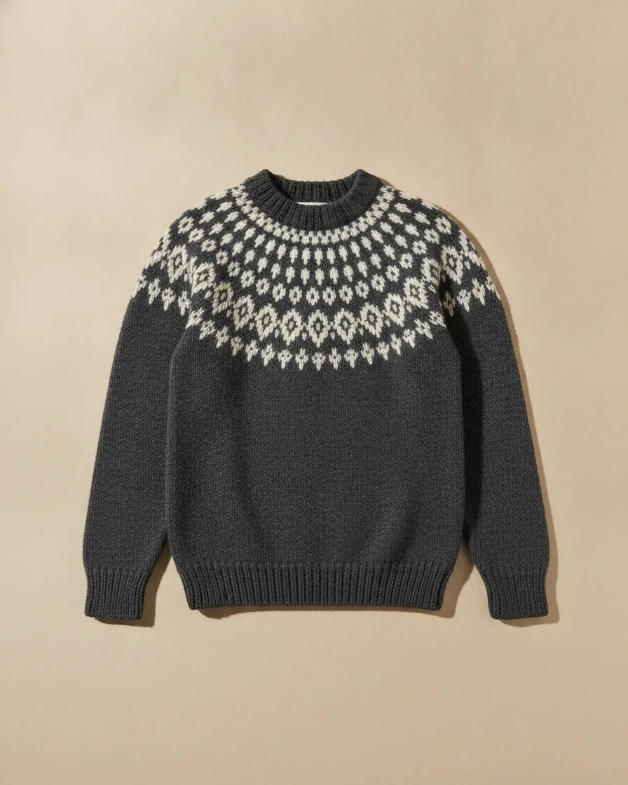 Rondane wool sweater in charcoal with a light yoke pattern