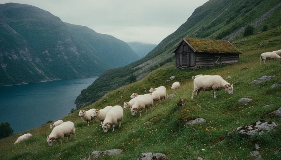 Sheep grazing a mountain pasture above a fjord