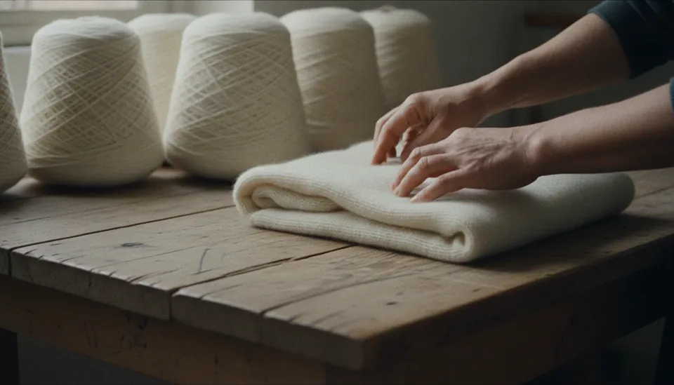 Hands folding a finished wool sweater in the knitting workshop