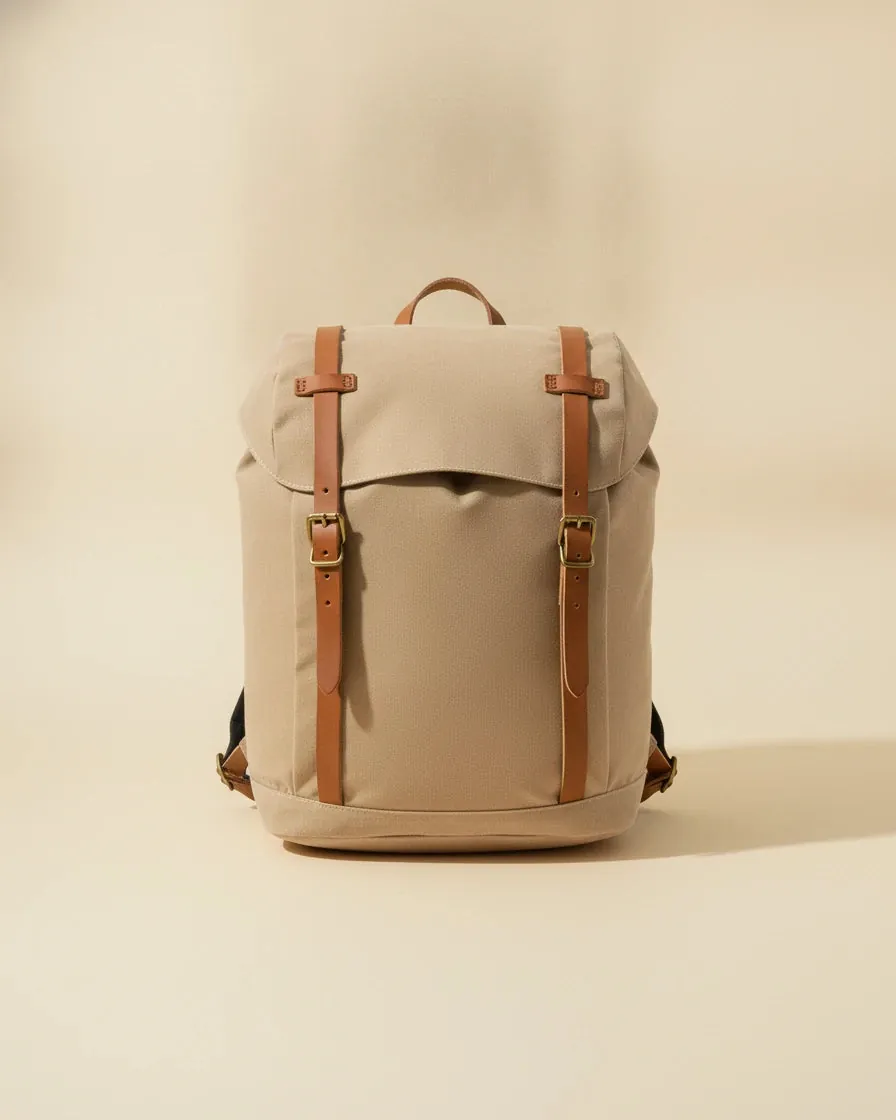 Sand waxed-cotton daypack with leather straps