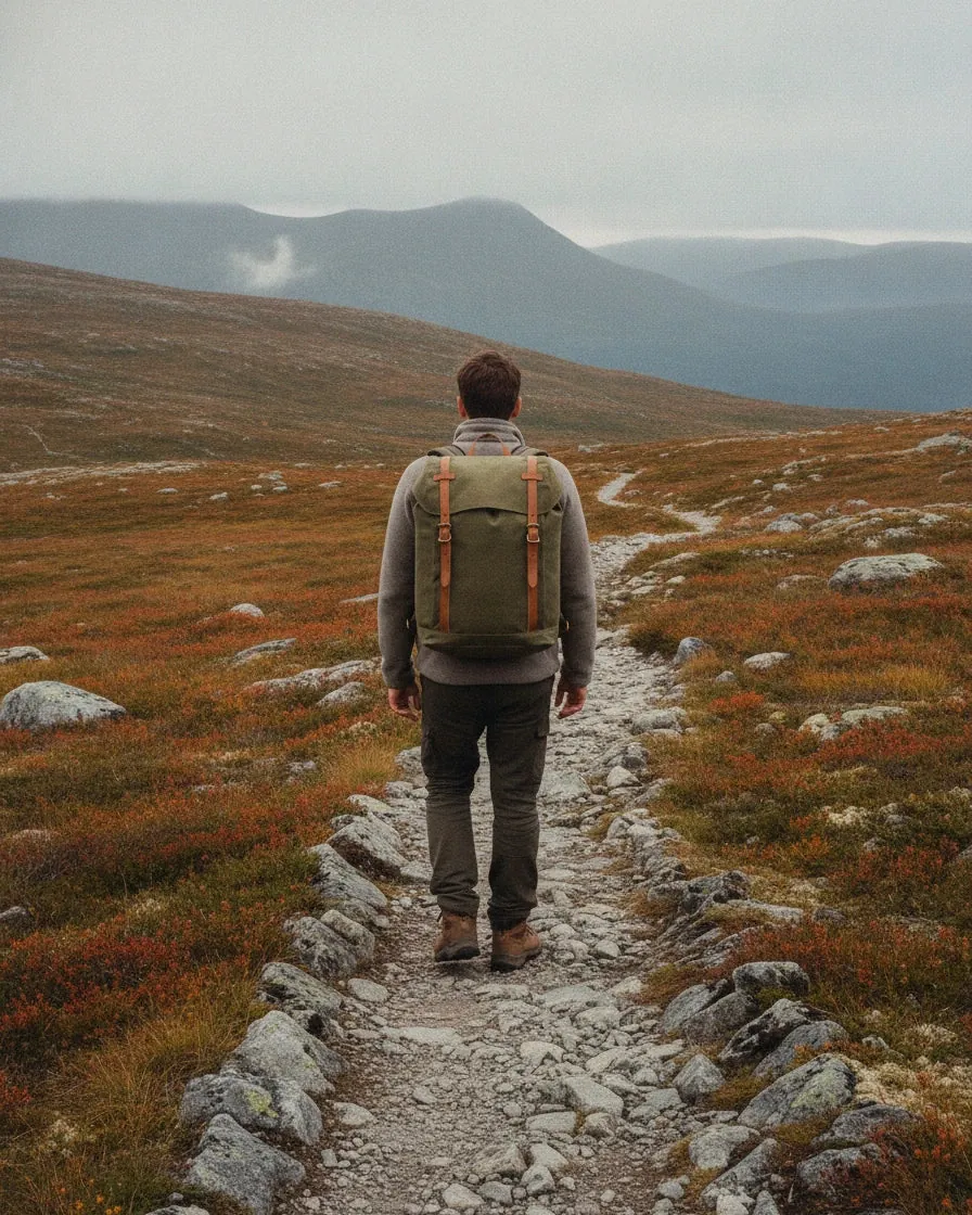 The daypack on the back of a person hiking